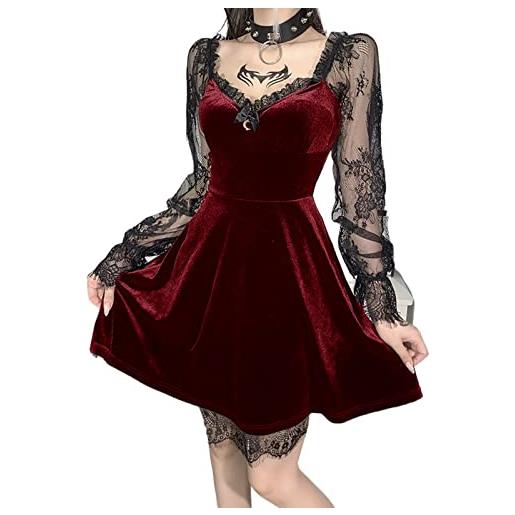 Youque donne gothic lolita abiti black. Lace manica lunga vintage lace-up goth abiti per cosplay partito prom, rosso, m