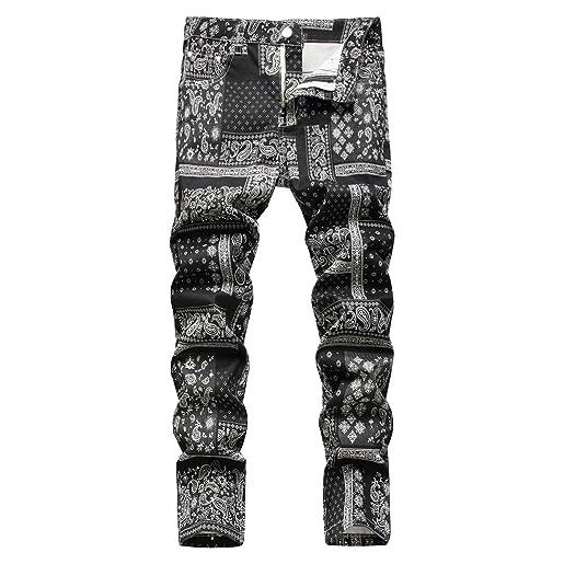 Beokeuioe jeans strappati y2k jeans da uomo con stampa pantaloni da motociclista alla moda streetwear hip hop jeans slim fit stretch jeans pantaloni da motociclista jeans bootcut jean, a nero, m