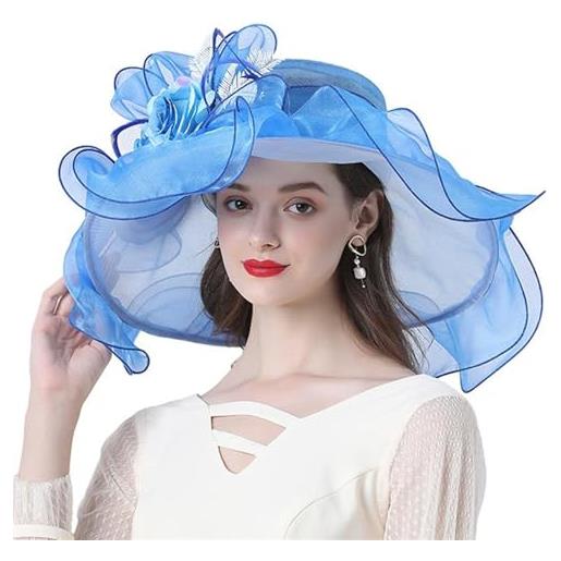 GIBZ cappelli fascinator a fiori da donna a tesa larga extra elegante cappello derby anni '20 per tea party matrimonio chiesa, blu