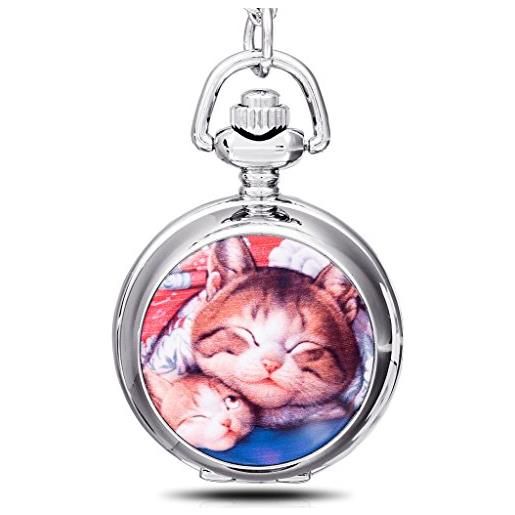 Infinite U lazy gatto/gattino ciondolo con specchio piccolo quarzo orologio da tasca argento collana lunga con sacchetto regalo per bambini/donne