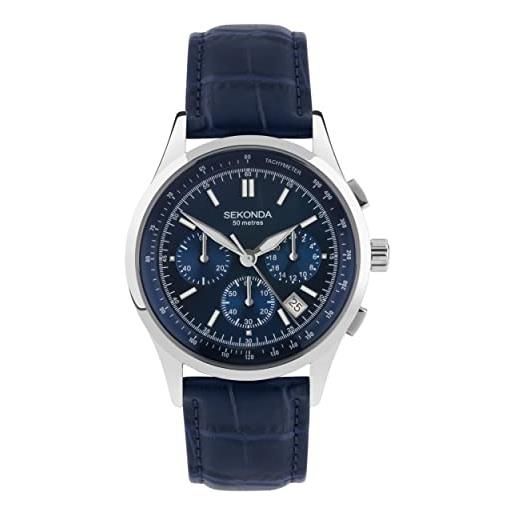 Sekonda racer 30108 - orologio al quarzo da uomo, 42 mm, con display analogico della data, cinturino in pelle blu, cinturino