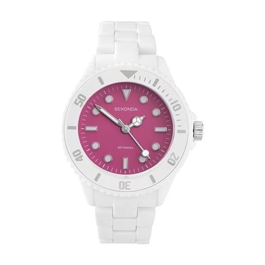 Sekonda dive - orologio al quarzo da donna, 36 mm, con display analogico e cinturino in plastica bianca, rosa
