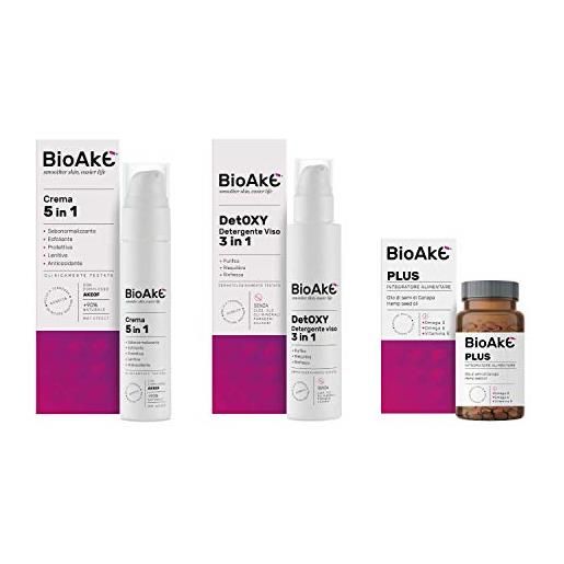 BIOAKE' bio. Ake kit: crema 5 in 1 trattamento specifico per la pelle mista + detoxy detergente dermoaffine viso 3 in 1 + plus integratore alimentare