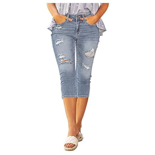 Vetinee jeans ritagliati da donna a vita alta capri elasticizzati jeans strappati denim pantaloni, blu freddo. , l