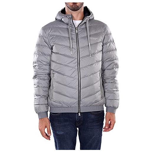 Armani Exchange hooded quilted down milano/new york logo zip-up jacket giacca, grigio melange/blu marino, m uomo