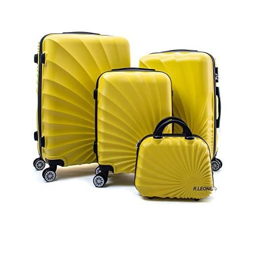 R.Leone valigia da 1 fino a set 4 trolley rigido grande, medio, bagaglio a mano e beauty case 8 ruote in abs 2092 (giallo, l grande)