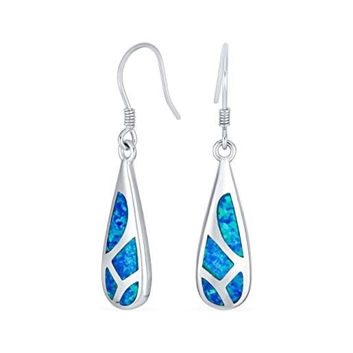 Bling Jewelry gemma moderna blu creato opale asimmetrico intarsio teardrop ovale a forma di orecchini a goccia per le donne teen. 925 sterling silver fish hook wire 1.5 inch
