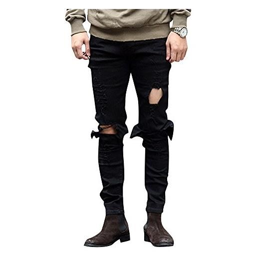 PengGeng uomo slim fit ginocchio rotti jeans skinny elasticizzati pantaloni strappati nero 36