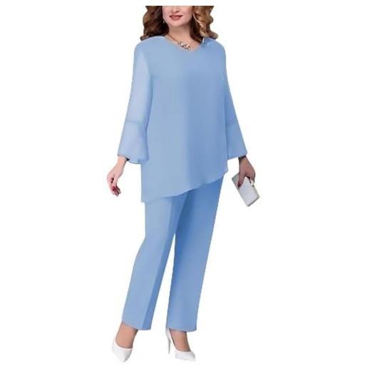 Vagbalena elegante set da due pezzi abiti da sera di grandi dimensioni - camicia in chiffon a due pezzi da donna e pantaloni in vita alta - azzurro cielo, 3xl
