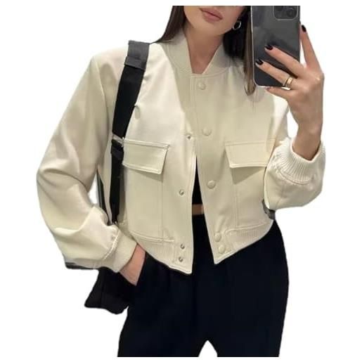 ZPLMIDE womens cropped bomber jacket, button down ladies long sleeve varsity jackets shackets with pockets (s, white)