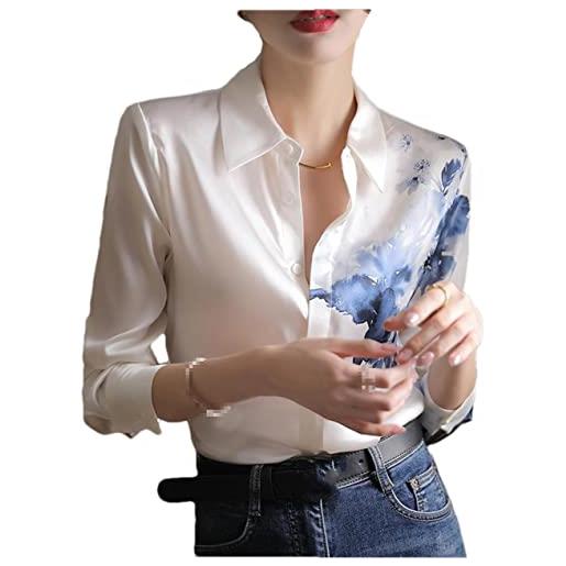 Youllyuu camicetta in chiffon stampata da donna top a maniche lunghe camicette in raso vintage camicia di seta allentata casual, blu, m