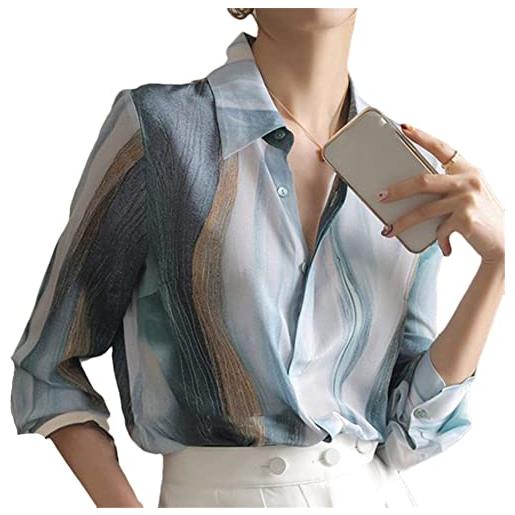 Youllyuu camicetta in chiffon stampata da donna top a maniche lunghe camicette in raso vintage camicia di seta allentata casual, blu, s