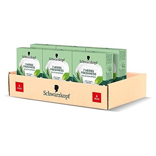 Schwarzkopf shampoo solido 7 herbs freshness, shampoo solido capelli grassi e normali, dona leggera freschezza, non appesantisce i capelli, vegano, ecologico, confezione da 6 x 60g
