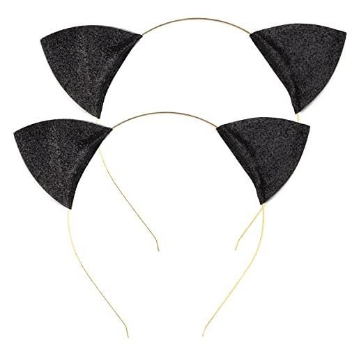 Balloome cerchietto con orecchie di gatto nero da donna, per travestimento, morbide orecchie da gattino, 2 pezzi, per cosplay, halloween, natale, feste, decorazioni quotidiane (glitter)