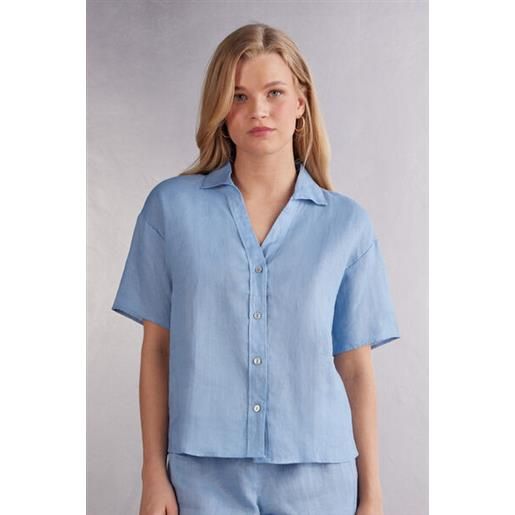 Intimissimi camicia manica corta in tela di lino azzurro
