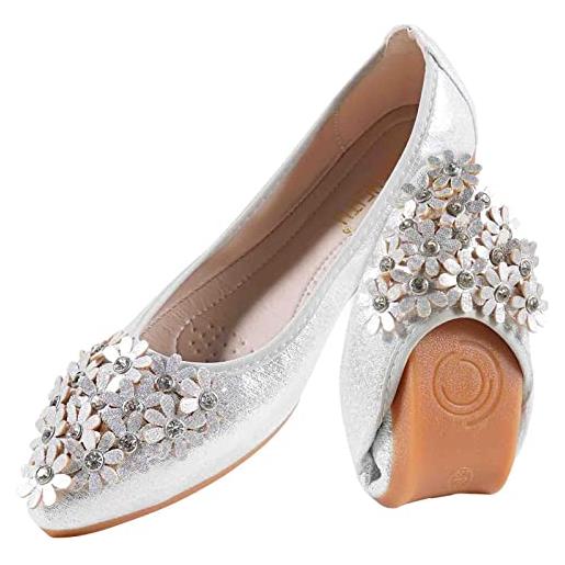 MACHSWON ballerine da donna comode da donna piatto glitterato fiore strass slip on pointed toe scarpe basse da donna, argento 3. , 38 eu