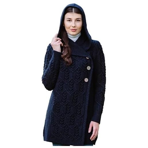 SAOL 100% lana merino scialle collo aran foglia cappotto con bottoni per le donne, navy, x-small