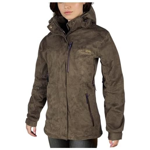Full mundur giacca da donna per attività all'aria aperta, camo, giacca da caccia, giacca leggera, antivento, impermeabile, giacca funzionale traspirante con cappuccio rimovibile, marrone, s