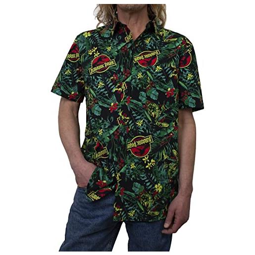Jurassic Park camicia da uomo con bottoni tropical raptor, nero raptor tropicale, m