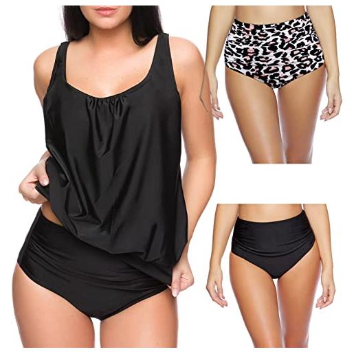 Octopus set di 3 tankini da donna, oversize, top con due bikini, da mescolare f5703, nero + slip leo print e a righe, 60