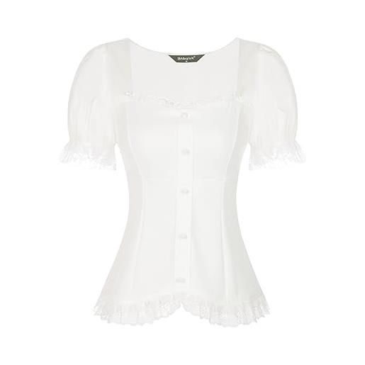 Allegra K camicia vittoriana da donna con scollo a cuore a sbuffo manica corta pizzo gotico camicetta, bianco, s