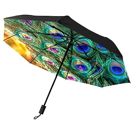 GISPOG automatic folding umbrella, peacock feather green waterproof compact sun and rain travel umbrellas