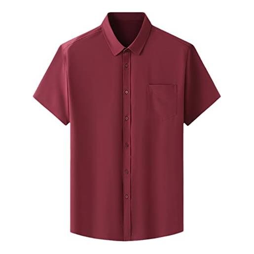 Kiioouu estate manica corta camicia uomo tinta unita casual abito elasticità abito camicia top, rosso, xl