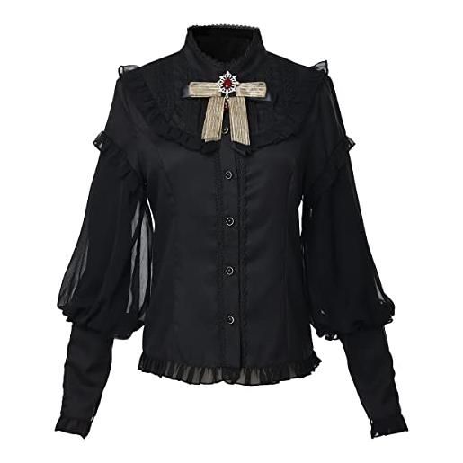BPURB camicia da donna vittoriana rinascimentale vintage con colletto alla coreana manica lunga con volant gotici lolita top, nero , m