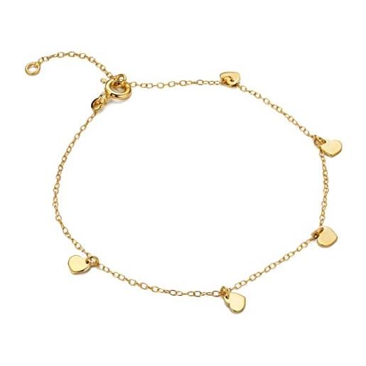 Miore bracciale donna oro giallo, oro vero 9kt 375, catenina anallergica con cinque cuori pendenti in oro. Braccialetto cm 18 con riduzione a cm 16. Bracciale made in italy. 