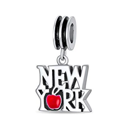 Bling Jewelry red big apple travel vacation tourism saying i love new york pendenti goccia charm bead per donne per adolescente smalto. 925 argento adatto a bracciale europeo