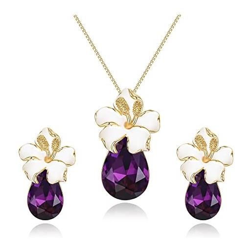 Clearine cristalli austriaci orchidea goccia ametista colore strass collana orecchini set gioielli fiore eleganti per donne oro-fondo