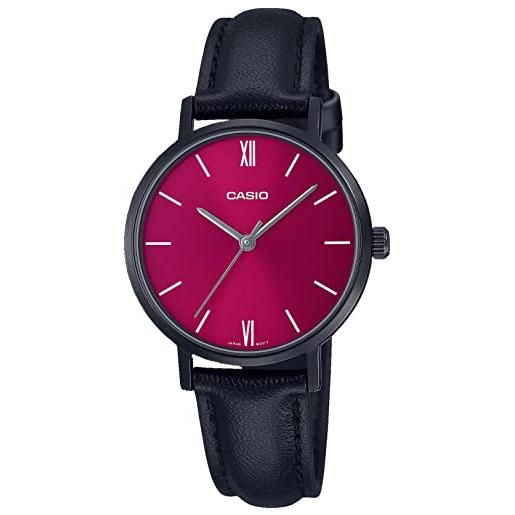 Casio ltp-vt02bl-4a orologio analogico da donna minimalista nero ip quadrante rosso cinturino in pelle 3 mani