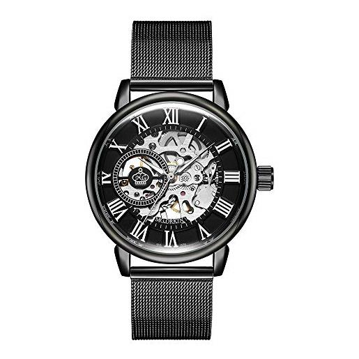MG. ORKINA elegante orologio da polso da uomo a forma di scheletro con cassa sottile e cinturino in acciaio inossidabile intrecciato (nero)
