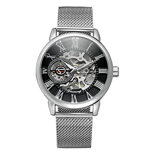 MG. ORKINA elegante orologio da polso da uomo a forma di scheletro con cassa sottile e cinturino in acciaio inossidabile intrecciato