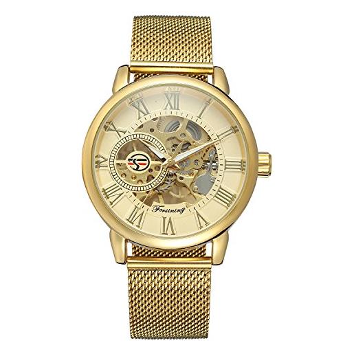 MG. ORKINA elegante orologio da polso da uomo a forma di scheletro con cassa sottile e cinturino in acciaio inossidabile intrecciato (oro)