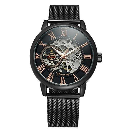 MG. ORKINA elegante orologio da polso da uomo a forma di scheletro con cassa sottile e cinturino in acciaio inossidabile intrecciato (nero rosa)