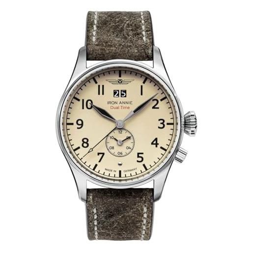 Iron Annie orologio da uomo con cinturino in pelle grigio vintage 42 mm gmt grande data 5140-5