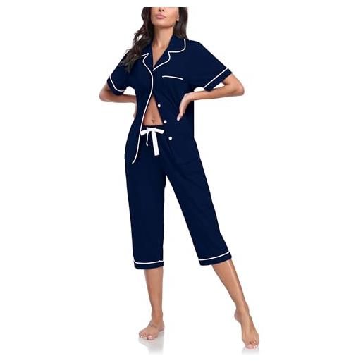 COLORFULLEAF pigiama estivo da donna, in 100% cotone, 2 pezzi, a maniche corte e pantaloni lunghi a 3/4, blu navy, xxl