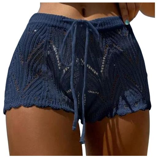XINHU hollow out coulisse vita cover up shorts, donne crochet coprire shorts hollow vita alta maglia shorts, blu, l