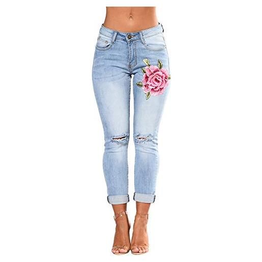 LONGWEI jeans donne pantaloni slim fit in denim a vita alta con motivo floreale ricamato elasticizzato a forma di fiore blu chiaro m