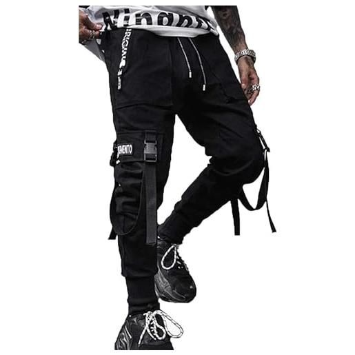Ambcol pantaloni unisex cargo, lunghi e larghi, modello hip hop sportivo, per tuta sportiva, jogging, stile casual, nero-03, m