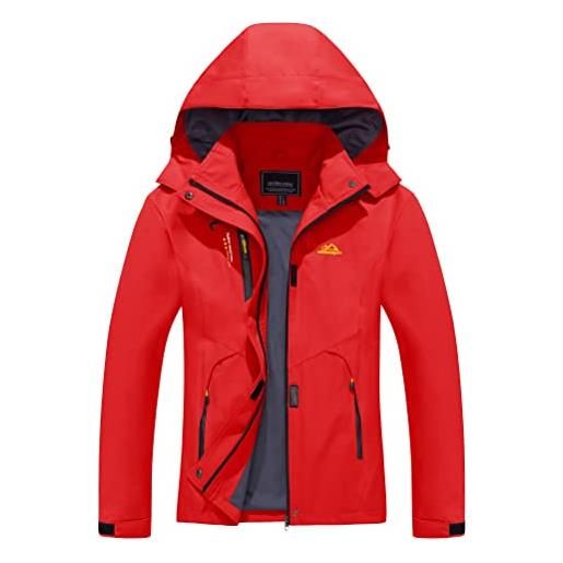 KEFITEVD giacca da donna traspirante, impermeabile, funzionale con cappuccio rimovibile e tasche con cerniera, giacca leggera per le mezze stagioni, colore: rosso, s