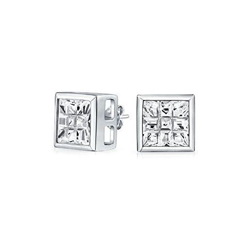 Bling Jewelry quadrato geometrico aaa cz cubic zirconia bezel set checkboard invisible cut stud earrings per uomo. 925 argento 7 mm