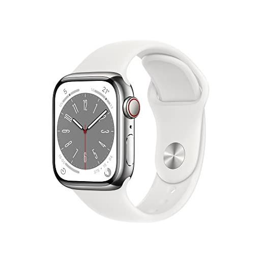 Apple watch series 8 (gps + cellular, 41mm) smartwatch con cassa in acciaio inossidabile color argento con cinturino sport bianco - regular. Fitness tracker, app livelli o₂, resistente all'acqua