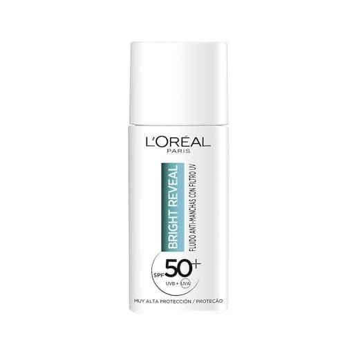 L'Oréal Paris bright reveal fluido idratante anti-macchia con filtro uv spf 50+, per tutti i tipi di pelle, protezione e riduzione delle macchie, con niacinamide e vitamina e, 50 ml