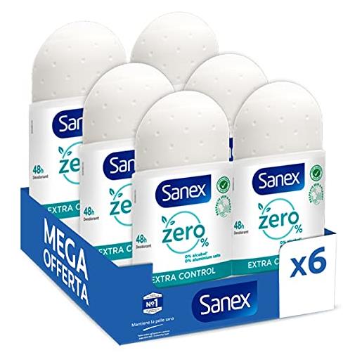 Sanex deodorante roll-on zero% extra control, protezione 48h, 50 ml, confezione da 6 pezzi