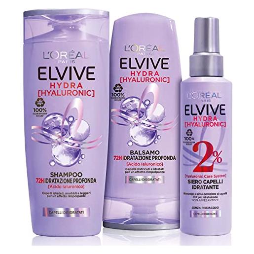L'Oréal Paris elvive kit con shampoo + balsamo + trattamento hydra hyaluronic, 72h idratazione profonda con acido ialuronico