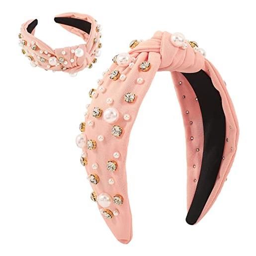 ATOLEA cerchietto annodato per donna ragazza fascia retrò con nodo largo superiore perla strass fascia (taglia unica) rosa