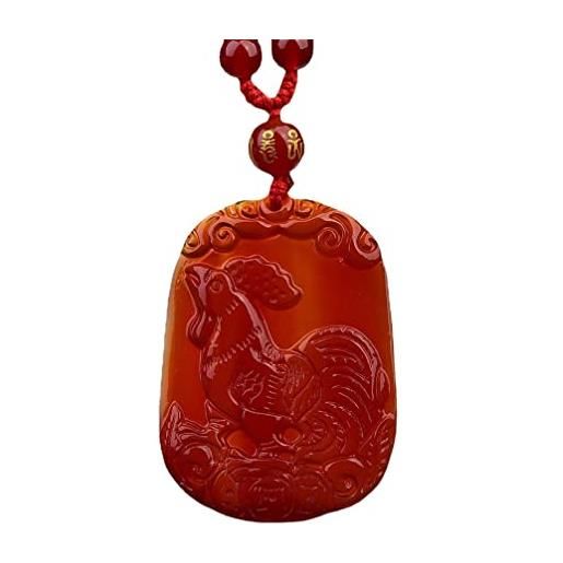 OAKKY uomo agata rossa vintage punk 12 zodiaco cinese ciondolo segno animale oroscopo amuleto collana con catena di perline 6 parole mantra gallo