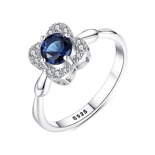 Bellitia Jewelry anello fidanzamento in argento sterling 925 con sri lanka zaffiro blu & diamante simulato zirconi, anelli design fiore per matrimonio regalo di gioielli di promezza nozze